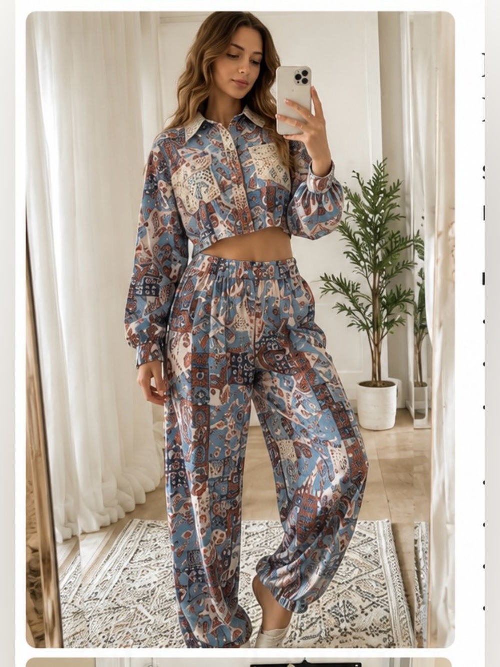 POL Blue & Pink Paisley Patchwork Wide Leg Pants Set S